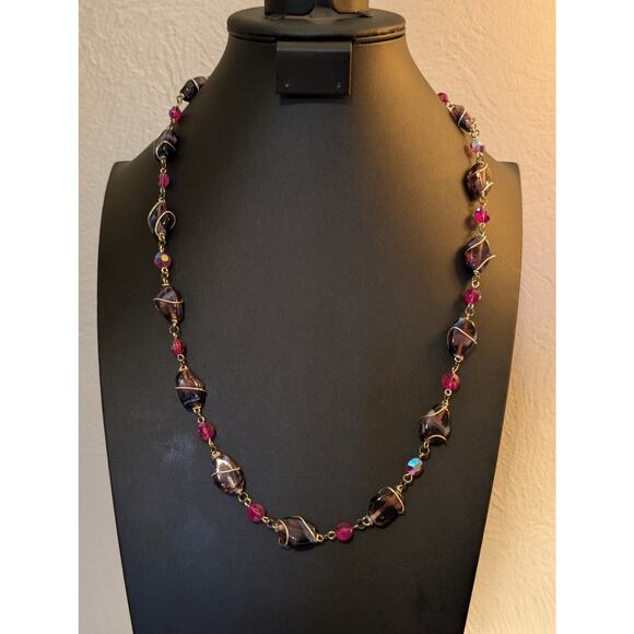 VTG Purple Wire Wrapped Glass Bead & Pink AB Crystal Bead Silver Tone Necklace - Picture 7 of 7